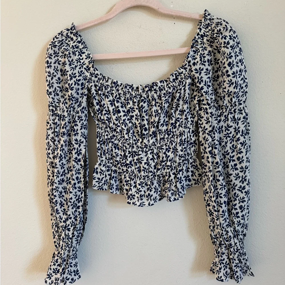Reformation Milkmaid Peasant Navy and White Floral Puff Sleeve Blouse Top XS